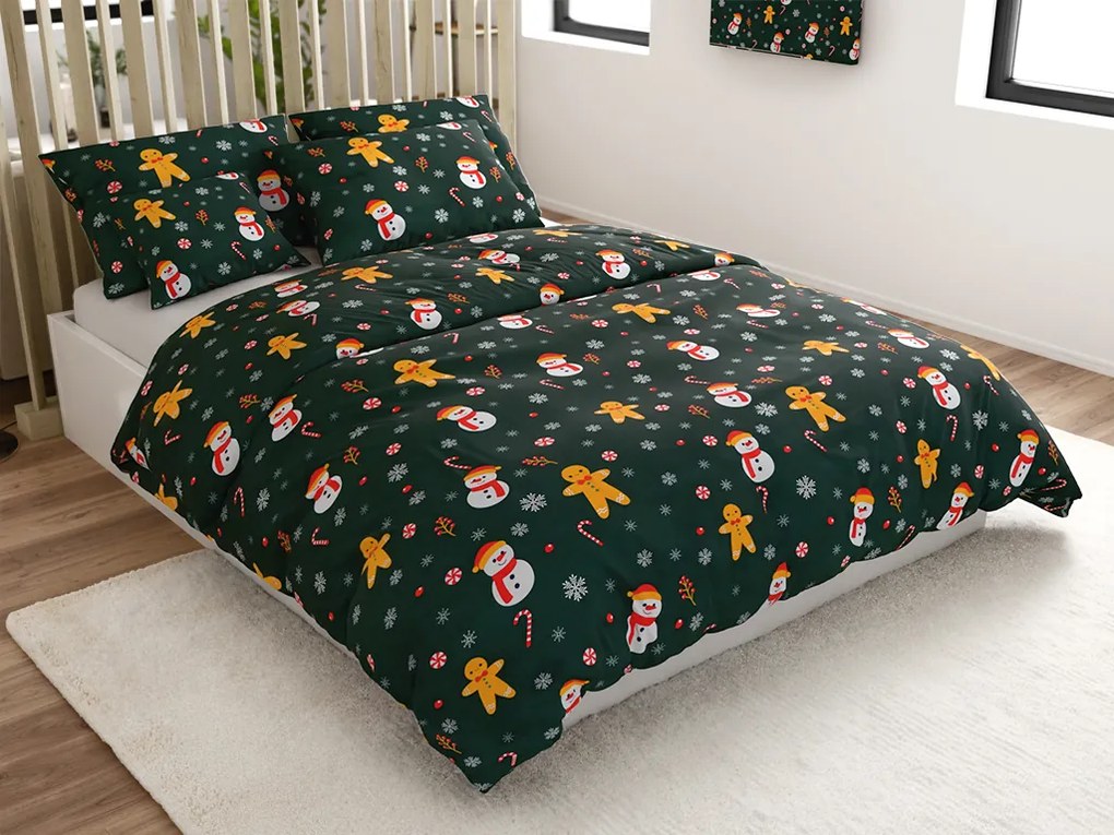 PrzytulneMieszkanie.pl PrzytulneMieszkanie.pl Flanelowa pościel z mikrofibry SNOWMAN AND GINGERBREAD zielona Rozmiar pościeli: 2 szt 70 x 90 cm | 200 x 220 cm
