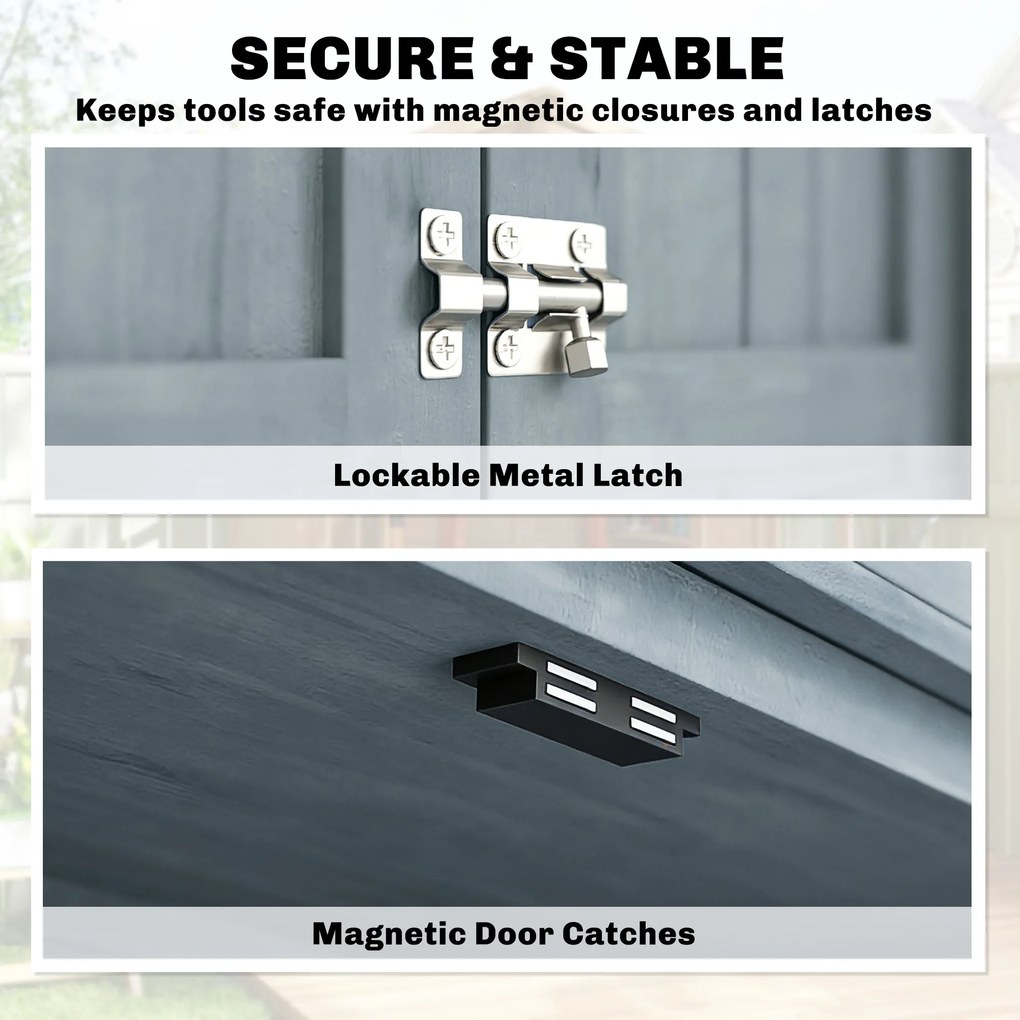 Outsunny Szafka ogrodowa z drewna odporna na warunki atmosferyczne, domek na narzędzia z podwójnymi drzwiami, magnetycznym zamknięciem, na taras, 85 x 54 x 170 cm, szary | Aosom PL