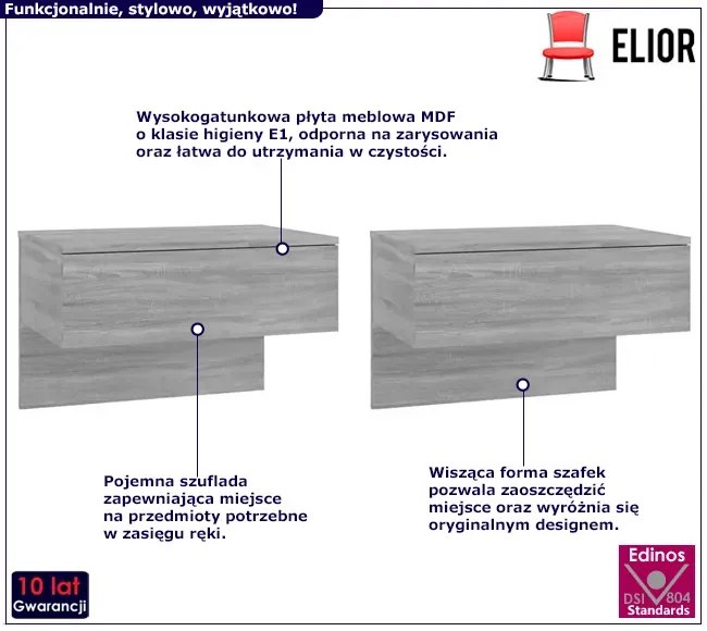 Komplet wiszących szafek nocnych szary dąb sonoma - Eldomi