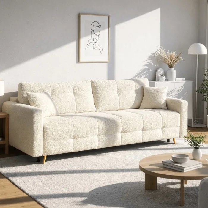 Sofa z Funkcją Spania SEUL Rozkładana Dwuosobowa Beżowa Boucle Nowoczesna