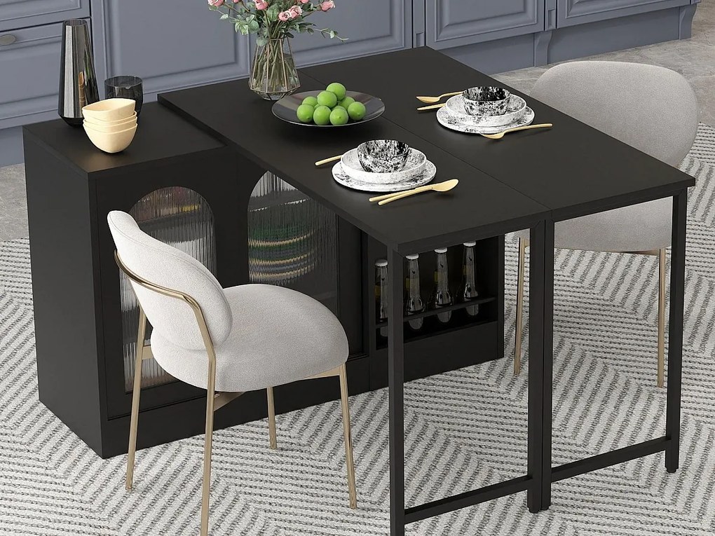 Wyspa kuchenna - z obrotowym, chowanym blatem - z przeszklonymi drzwiami i przestrzenią do przechowywania - MDF - Czarny