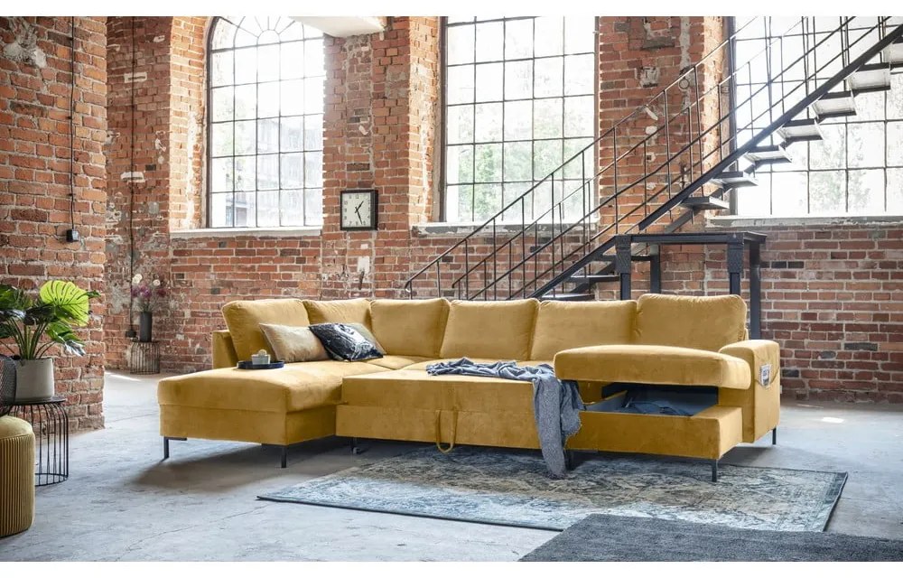 Musztardowożółta aksamitna rozkładana sofa w kształcie litery "U" Miuform Lofty Lilly, lewostronna