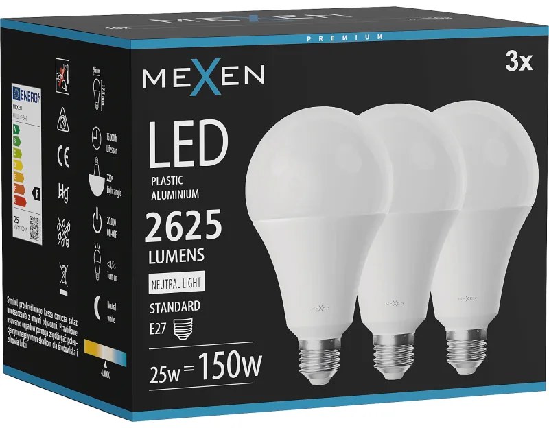 Mexen Nova 3x żarówka LED E27, A95, 25W, Neutralna - 4000K, 2625 lm - L100-E27-2540-01x03