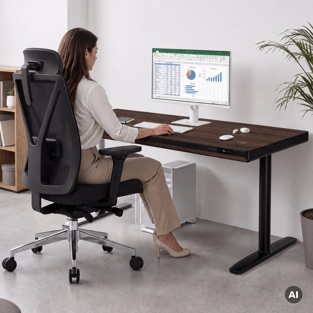 Biurko elektryczne sit-stand z szufladą i ładowarką bezprzewodową Qi czarne/orzech, 1600 mm: ELLIS