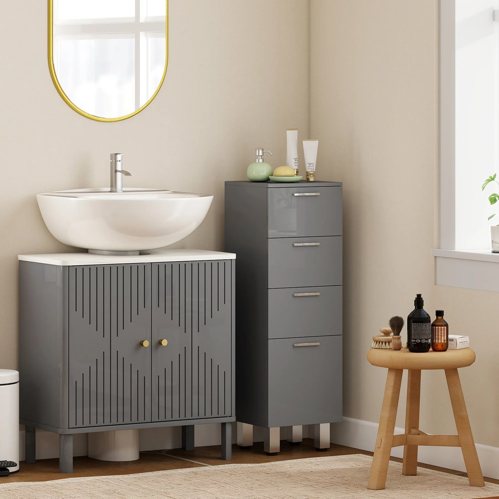 kleankin Szafka łazienkowa, szafka łazienkowa, 4 szuflady, płyta wiórowa, gładka, szary | Aosom PL
