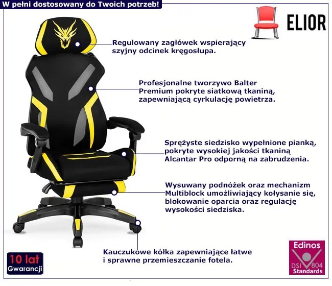 Czarno Żółty Fotel Gamingowy Z Podnóżkiem N5-L20