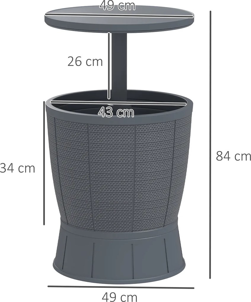 Outsunny 3-w-1 Stolik pomocniczy ogrodowy 45 x 43 cm Okrągła chłodziarka, stolik balkonowy z 41 L pojemnością, plastik, szary