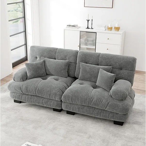 Sofa 2-osobowa szara - z 4 poduszkami - rama z litego drewna + tkanina plusz - 220x77x81cm