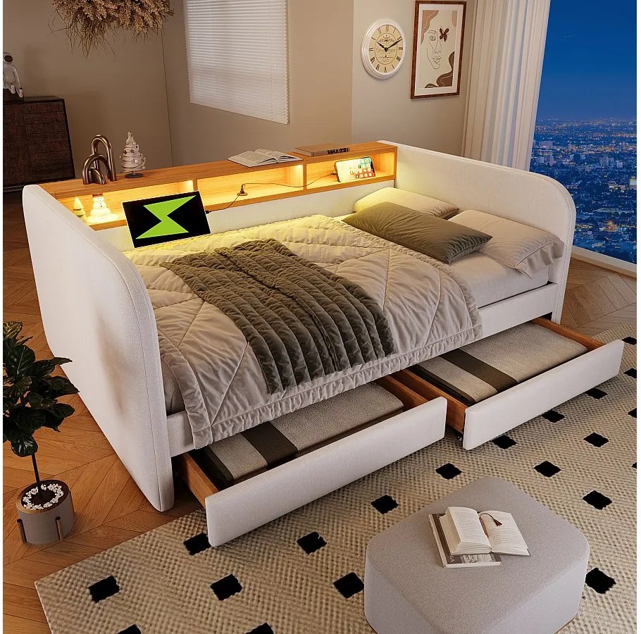 Łóżko dla dorosłych 140x190 cm – z zagłówkiem ze schowkiem, oświetleniem LED i portami USB/typu C, 2 szufladami – lniane – beżowe – bez materaca