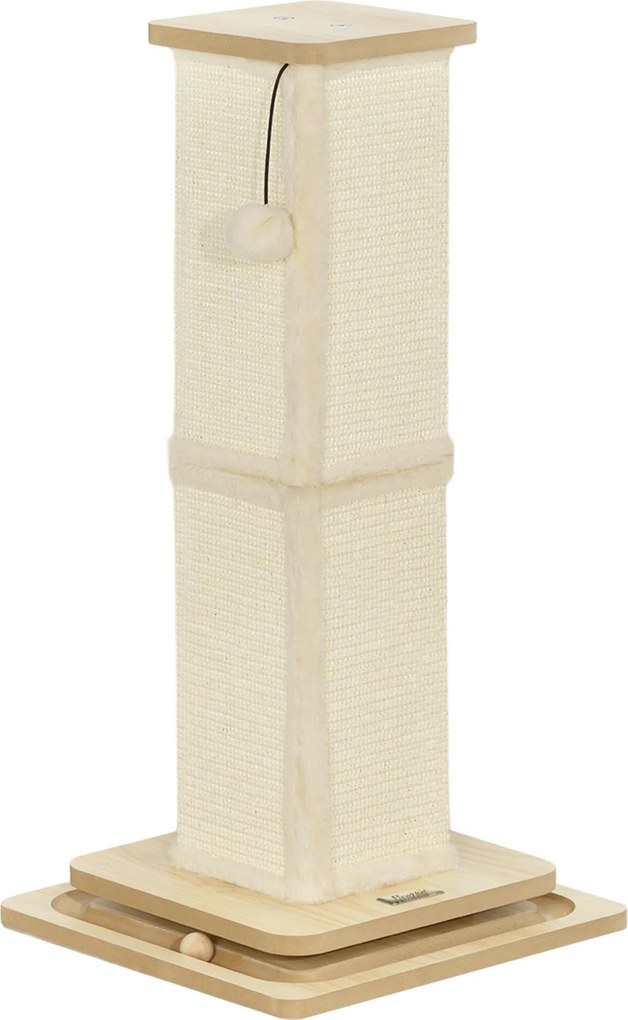 PawHut 3-w-1 Drapak z torem do zabawy, piłką, sizalem, do 5 kg, 34 x 34 x 67 cm, Dąb/Krem