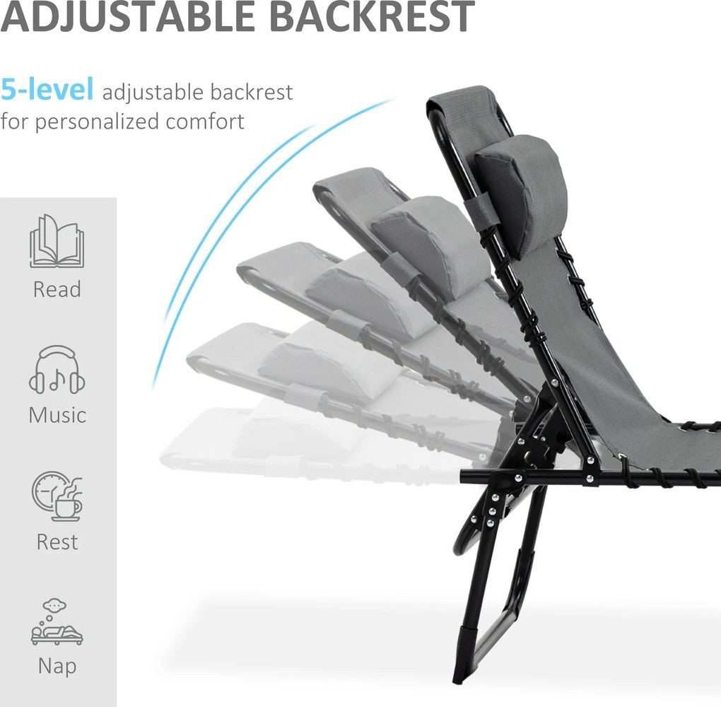 Outsunny Leżak składany z poduszką na szyję, rama ze stali, pokrycie siatkowe, nośność 120 kg, Szary