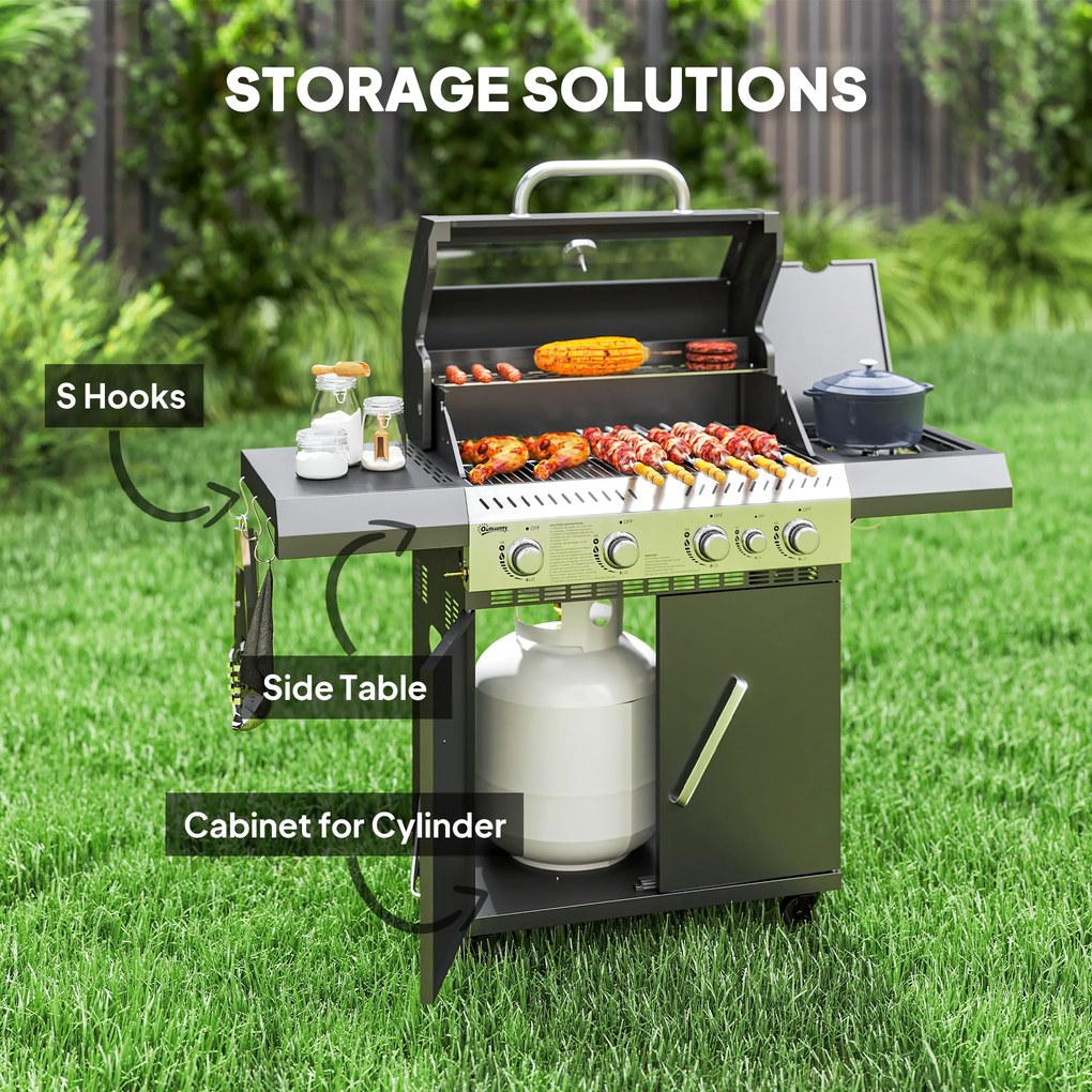 Outsunny Grill gazowy 12 KW na wózku z 5 palnikami bocznym palnikiem kółkami pokrywą termometrem bocznymi półkami 135 x 54 x 110 cm