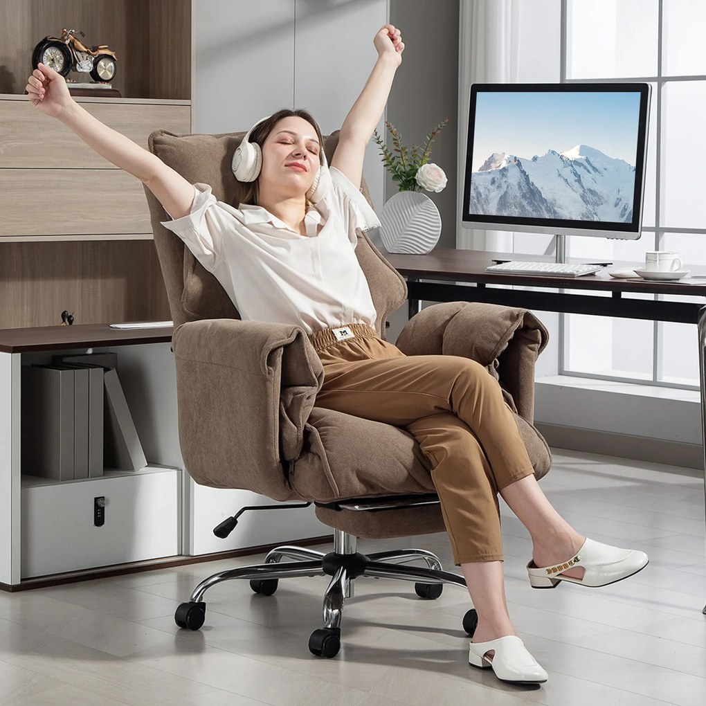 HOMCOM Ergonomiczny fotel biurowy, regulowane oparcie, podnóżek, miękki materiał, Jasnobrązowy