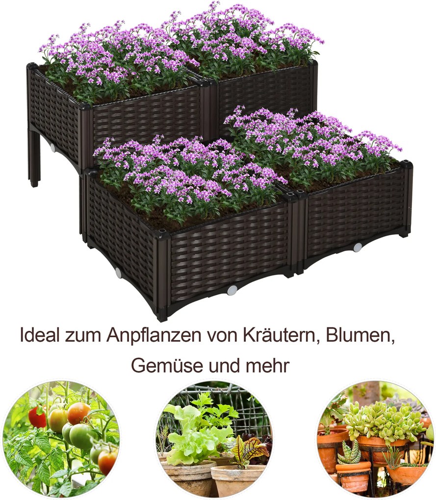 Outsunny podwyższona grządka 4-częściowa skrzynia na rośliny z otworami odpływowymi, skrzynki na kwiaty o wyglądzie rattanu, PP, brązowy