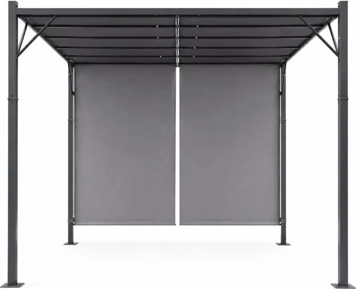 Szara pergola ogrodowa FG-362 z regulowanym zadaszeniem i roletami bocznymi