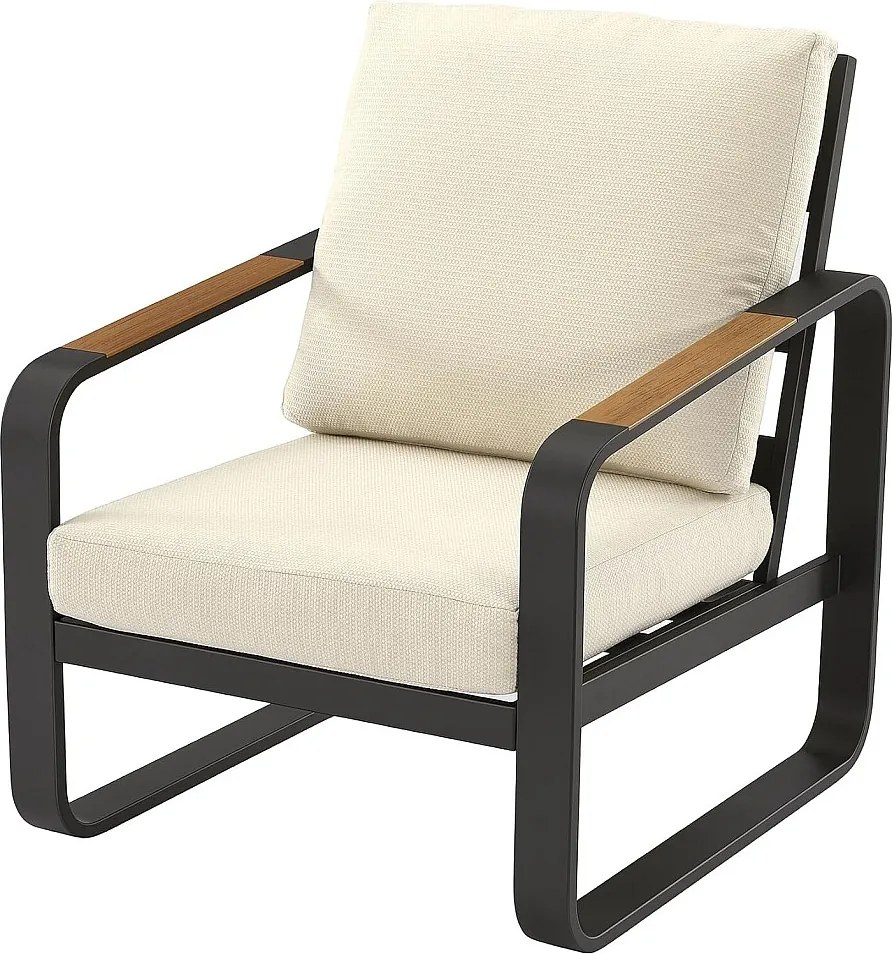 Czarny aluminiowy fotel ogrodowy z beżowymi poduszkami