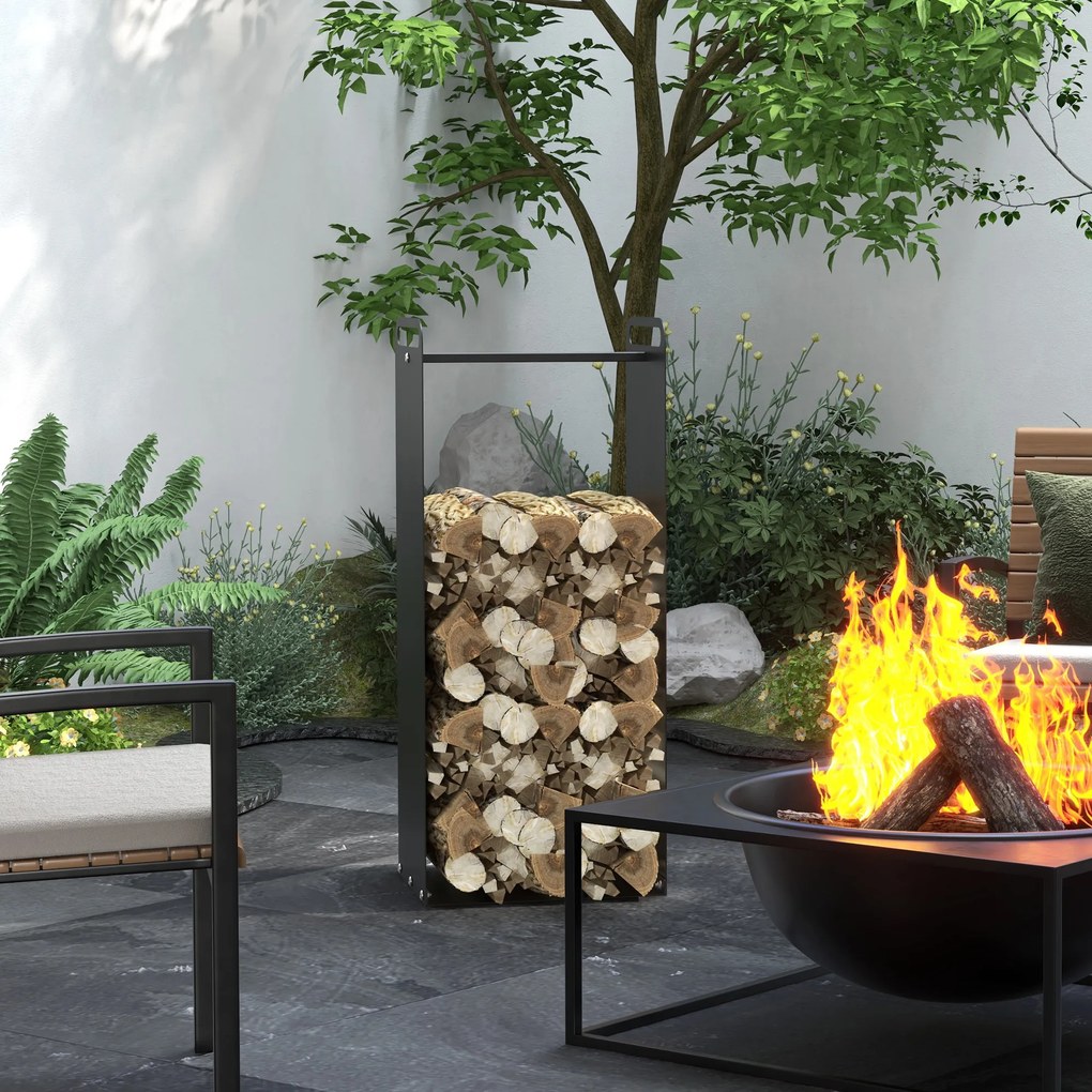 Outsunny Stojak na drewno do kominka, 2 uchwyty, stalowy stelaż, do 30kg, 36x30x90cm, Czarny