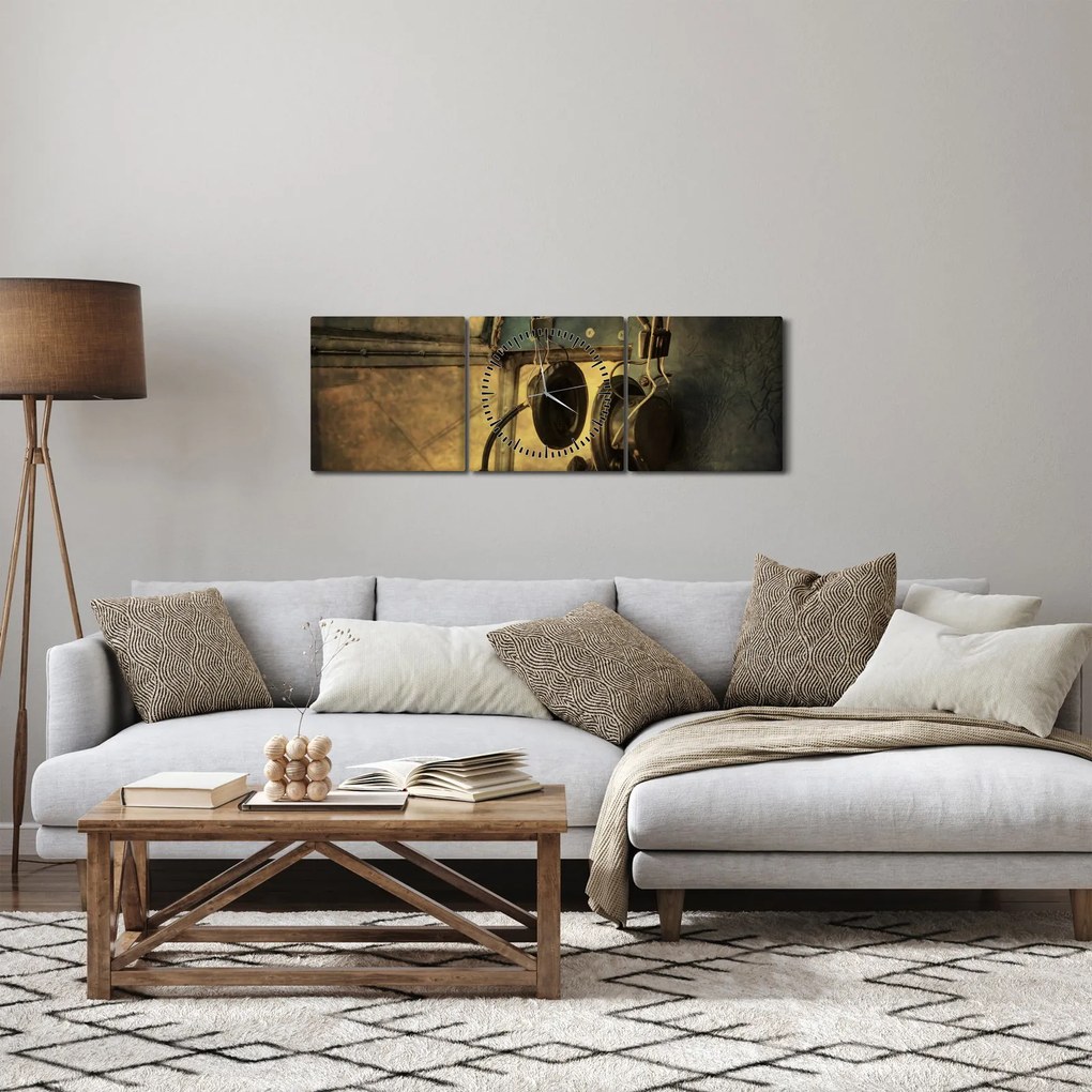 Obraz - Słuchawki lotnicze w stylu vintage (z zegarem) (90x30 cm)