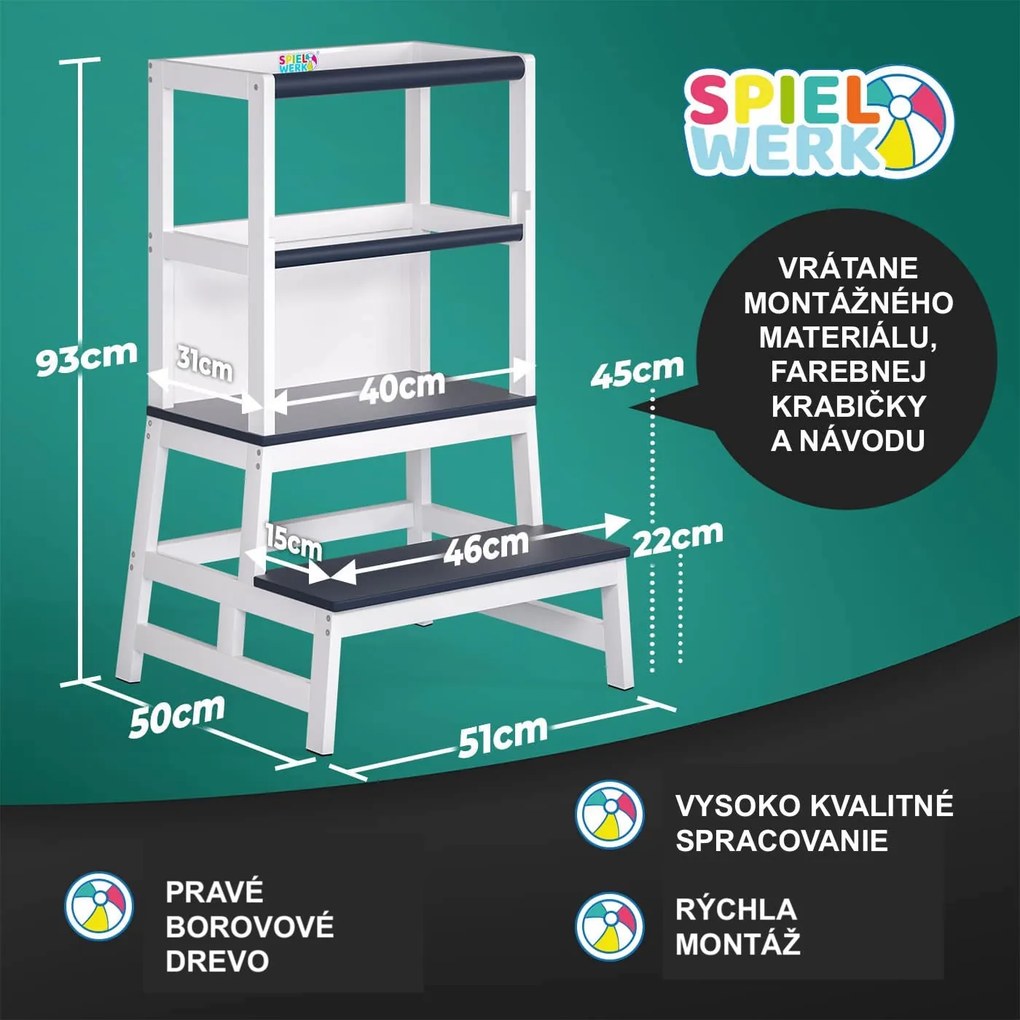 Spielwerk Wieża edukacyjna PLAY z drewna sosnowego, 93x56x49, biała/antracyt