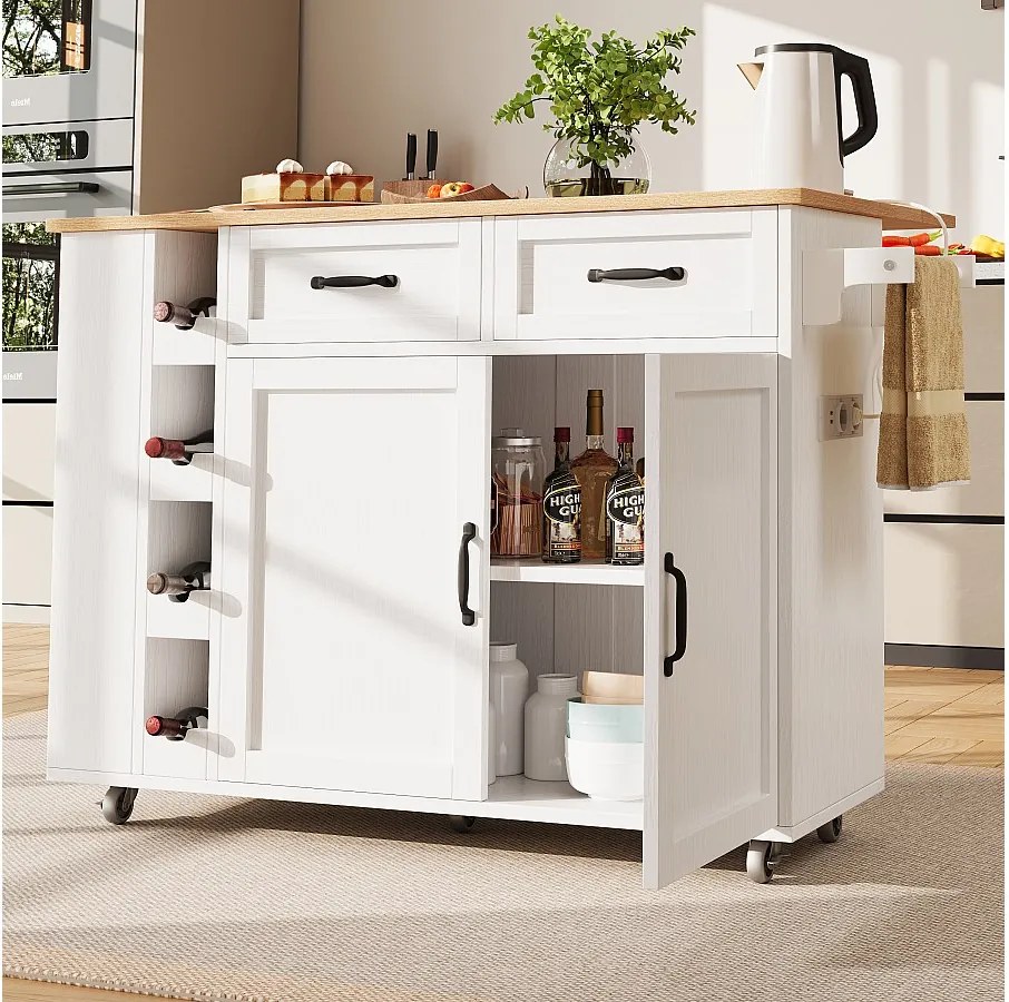 Mobilna wyspa kuchenna z 2 drzwiami, 2 szufladami i 4 uchwytami na butelki - Rozkładany blat - 131,5x43(76)x90,7cm - MDF - Biały i naturalny