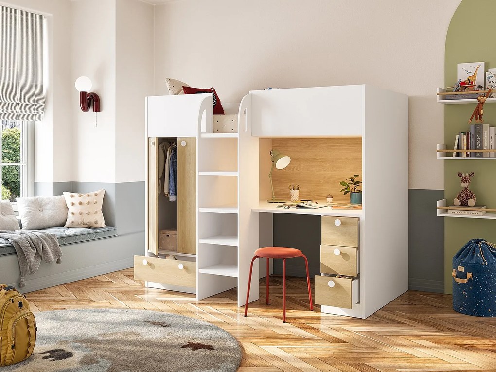 Łóżko antresola 90 x 190 cm z szafą i biurkiem - Biały i naturalny - CINAMO