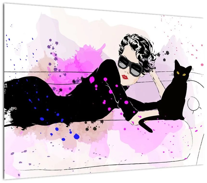 Obraz - Kobieta z czarnym kotem (70x50 cm)