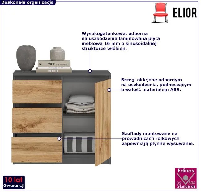 Komoda Z 3 Szufladami I Drzwiczkami Antracyt + Dąb Wotan S4-W22