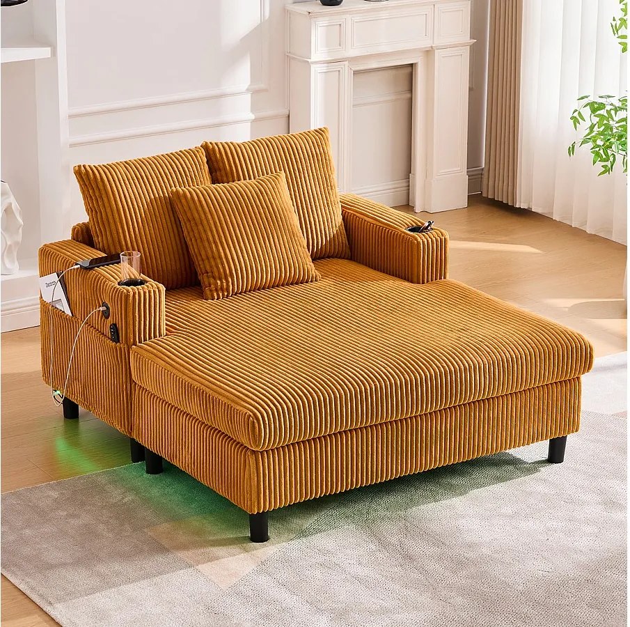 Sofa 3-osobowa rozkładana - 142 x 128 x 85 cm - z uchwytami na kubki + porty USB + diody LED - aksamitna - żółta