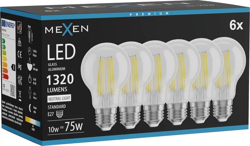 Mexen Vintis 6x żarówka filament LED E27, A60, 10W, Neutralna - 4000K, 1320 lm, clear - L150-E27-1040-00x06