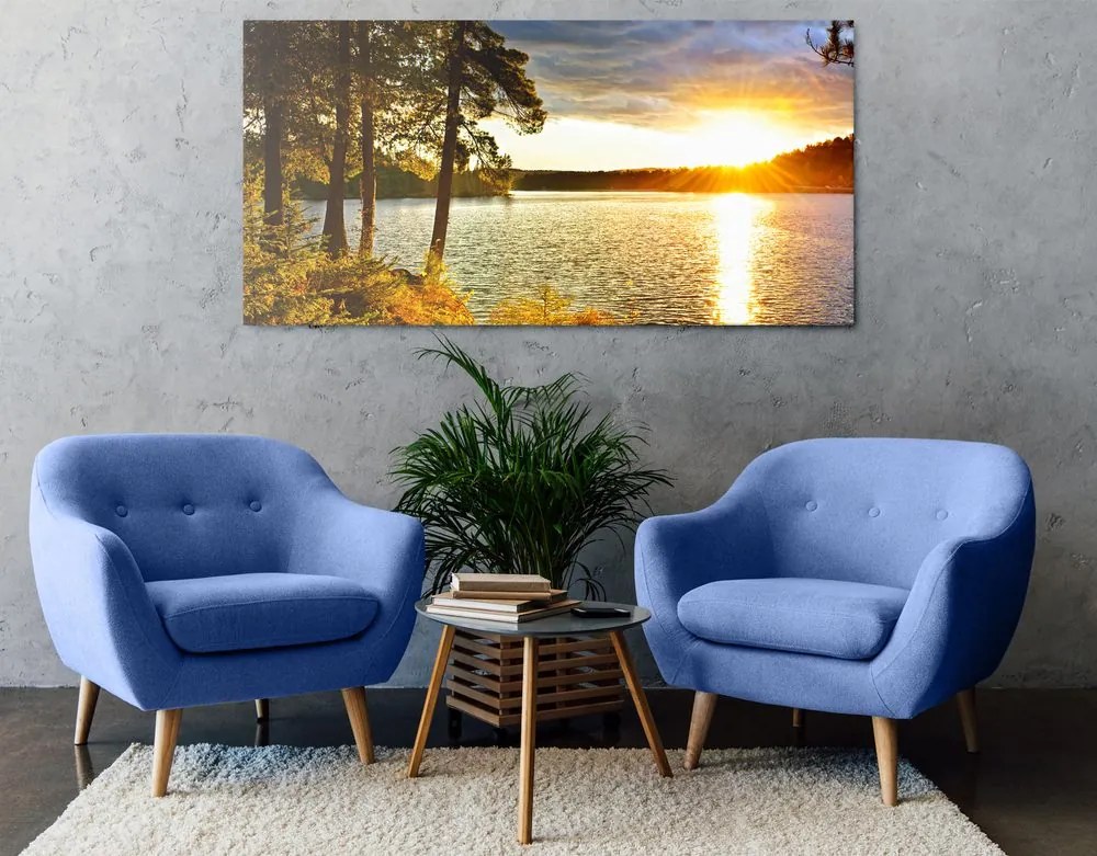 Obraz zachód słońca nad jeziorem