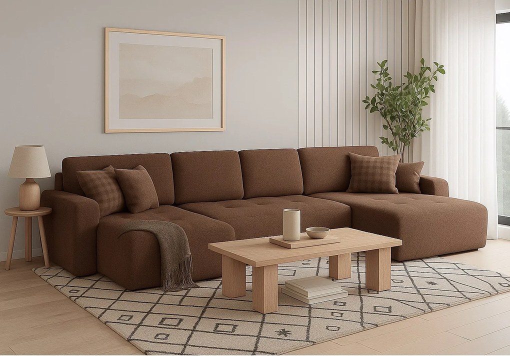 Stylowy narożnik rozkładany IVO U XL  387x150 cm w tkaninie LAMBI 4 brązowej
