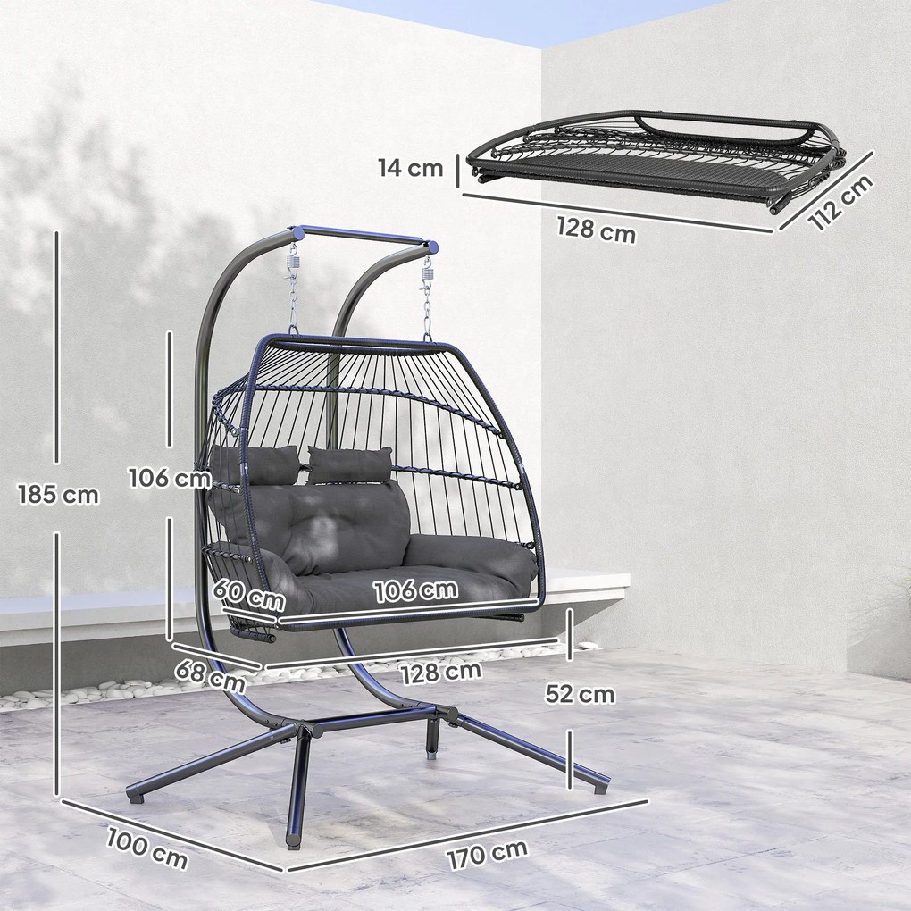 Outsunny Fotel Wiszący z Rattanu, Składana Konstrukcja z Poduszką, Stelaż Stalowy, Do Wewnątrz i Na Zewnątrz, Do 260 kg, Ciemnoszary