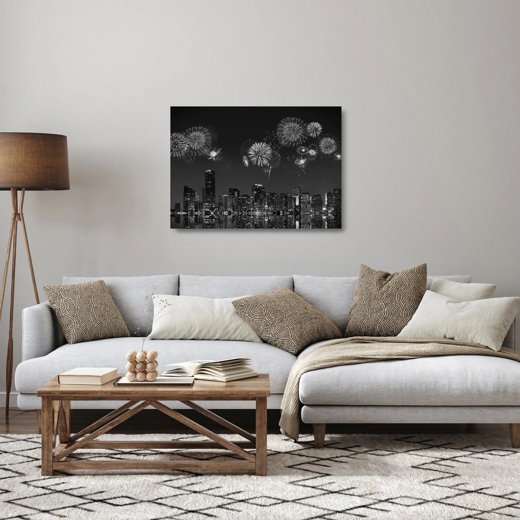 Obraz na szkle - Fajerwerki w Miami, czarno - białe (70x50 cm)