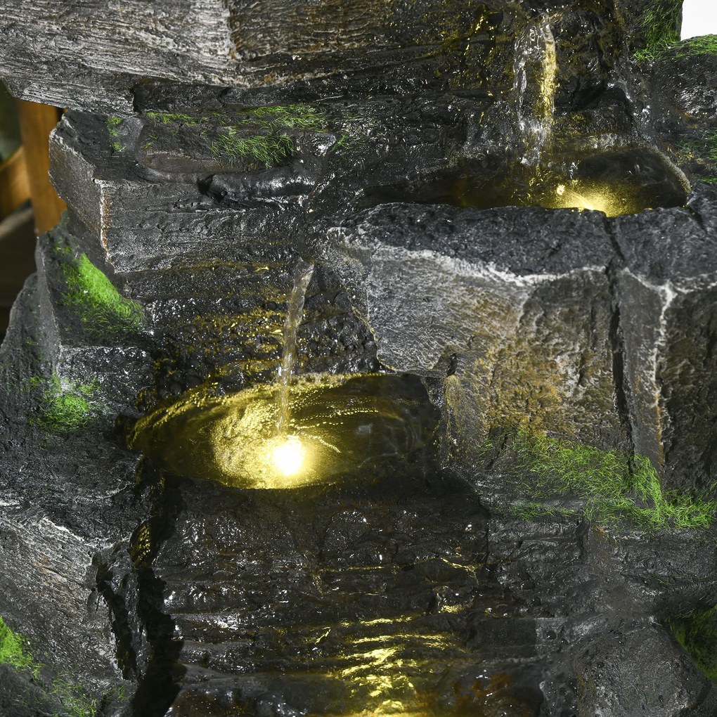 kaskada ogrodowa Outsunny oczko wodne solarne z LED 57cm, Szary/Ciemnobrązowy, 4-stopniowe, żywica syntetyczna | Aosom PL