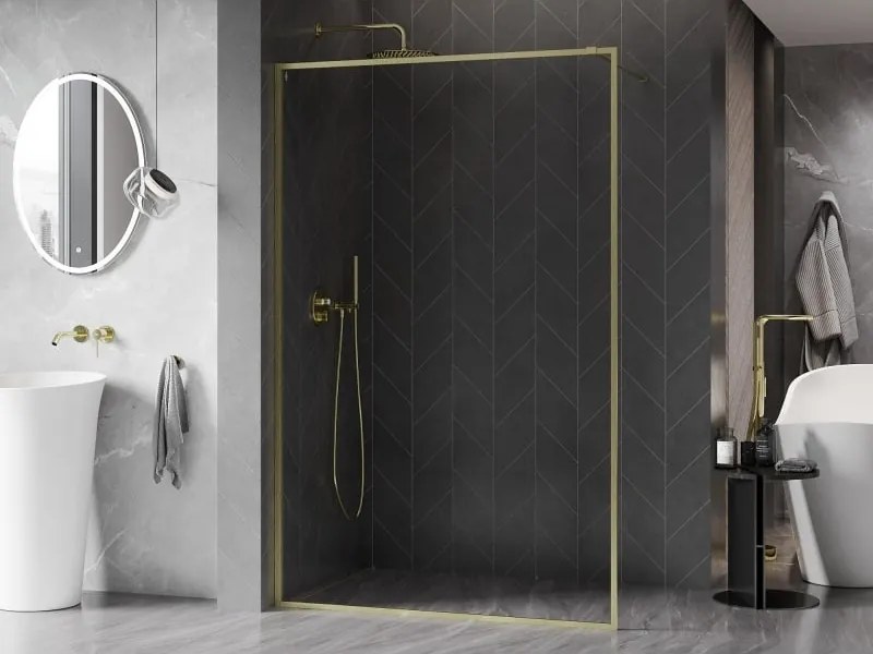 Mexen Kioto-F ścianka prysznicowa Walk-in z ramką 140 x 202 cm, transparent 8 mm, złota szczotkowana - 800-140-104-55-00
