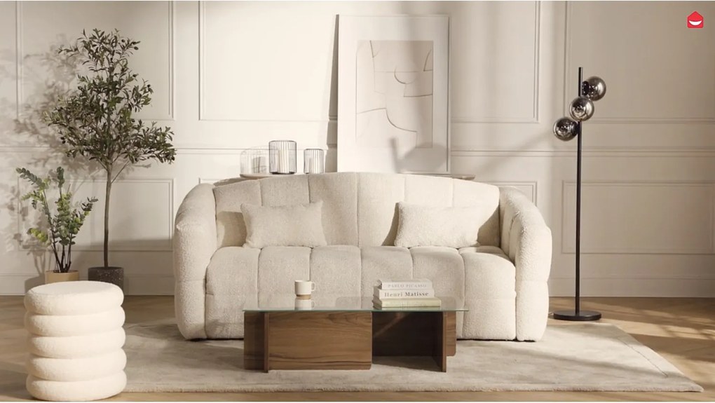 Kanapa 3-osobowa rozkładanatypu express  z beżowej tkaniny z bukli  - Powierzchnia spania 140 cm - Materac 20 cm RETUNA