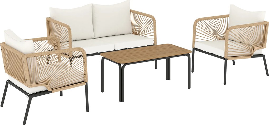 Outsunny Zestaw Mebli Ogrodowych dla 4 Osób z Sofą, 2 Fotelami, Stolik Kawowy z Lamellami, Zdejmowane Poduszki | Aosom PL