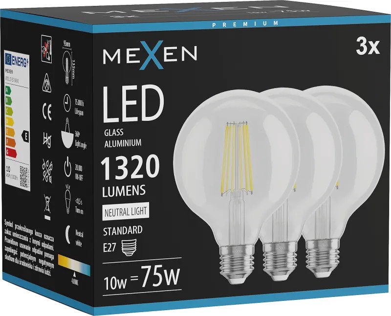 Mexen Vintis 3x żarówka filament LED E27, G95, 10W, Neutralna - 4000K, 1320 lm, clear - L157-E27-1040-00x03
