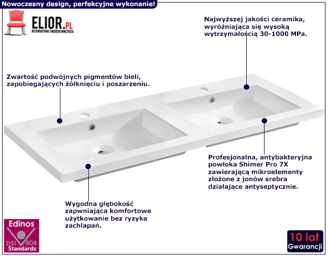 Podwójna biała umywalka ceramiczna 120 cm - Foxton