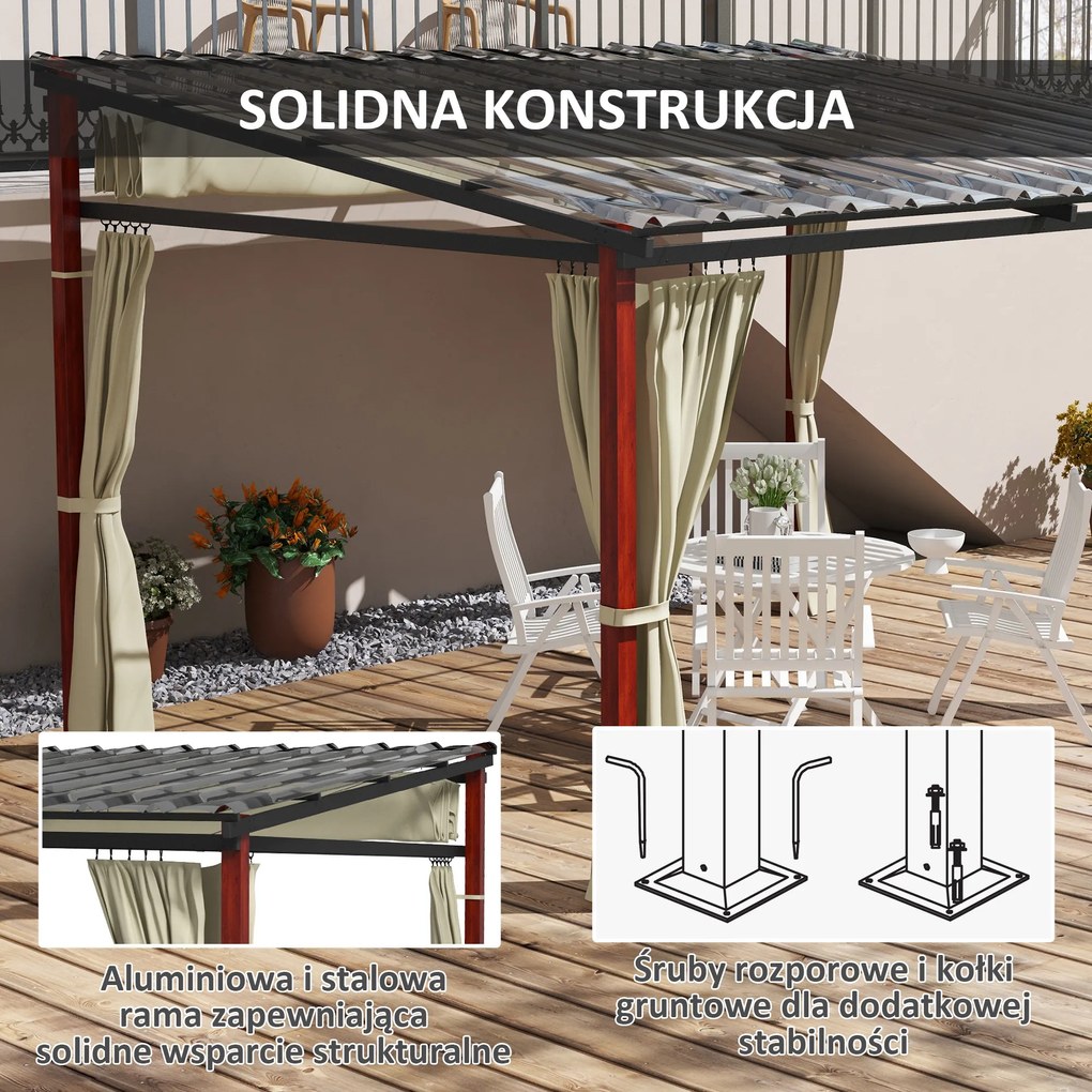 Outsunny Pergola aluminiowa 345 x 300 x 215-255 cm Zdejmowane zasłony Składana Regulowana wysokość Beżowy Aluminium stal | Aosom PL