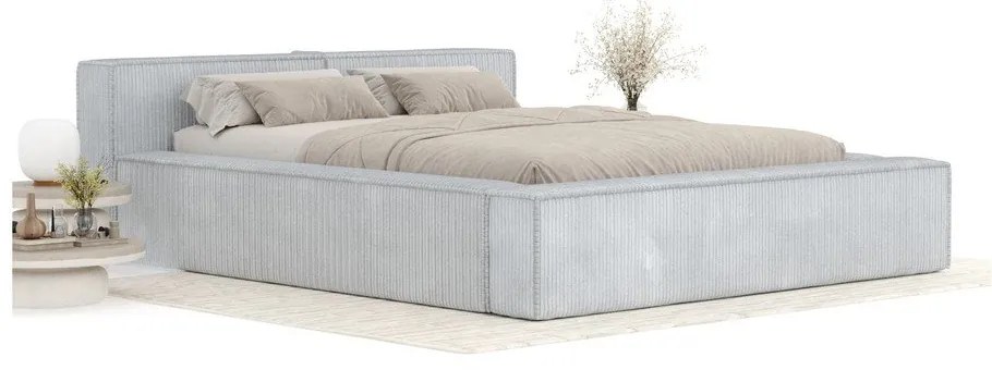 Jasnoszare tapicerowane łóżko dwuosobowe ze schowkiem ze stelażem 160x200 cm Voliera – Maison de Rêve
