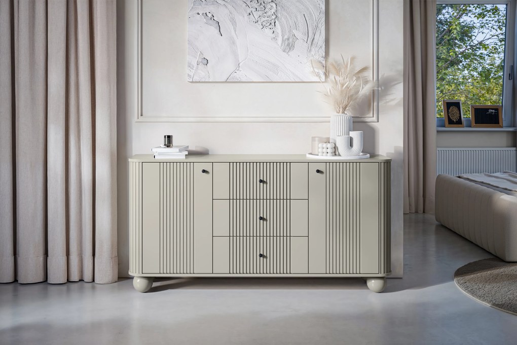 Komoda Vesper 160 cm z szufladami na kulach - kaszmir / czarne uchwyty / nogi kule