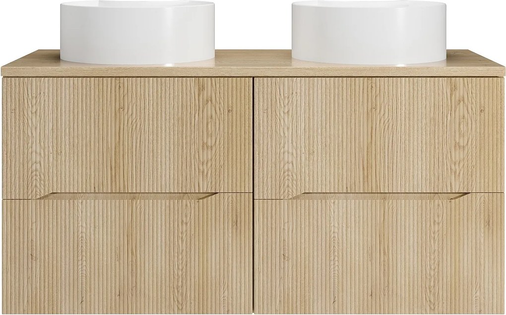 Szafka łazienkowa wisząca prążkowana z okrągłą umywalką nablatową – Jasny naturalny – 120 cm – ORISO