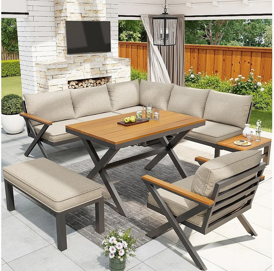 Salon ogrodowy, zestaw mebli na 6-7 osób - kanapa narożna - z żelaza ocynkowanego - stoły jadalniane z tworzywa drewnopodobnego - fotele - ławka, Beżowy