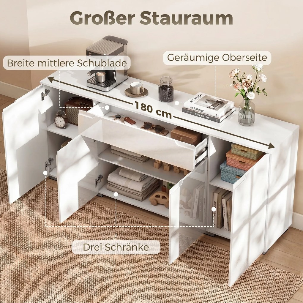 HOMCOM Komoda w wysokim połysku, nowoczesna komoda bufetowa z 4 drzwiami i regulowanymi półkami, szafka kuchenna z cichym domykiem, biały | Aosom PL