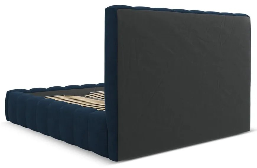 Ciemnoniebieskie tapicerowane łóżko dwuosobowe ze schowkiem i stelażem 200x200 cm Kelp – Micadoni Home