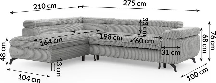 Jasnoszary sztruksowy narożnik (lewostronny/w kształcie litery L) Marbeya – Ropez