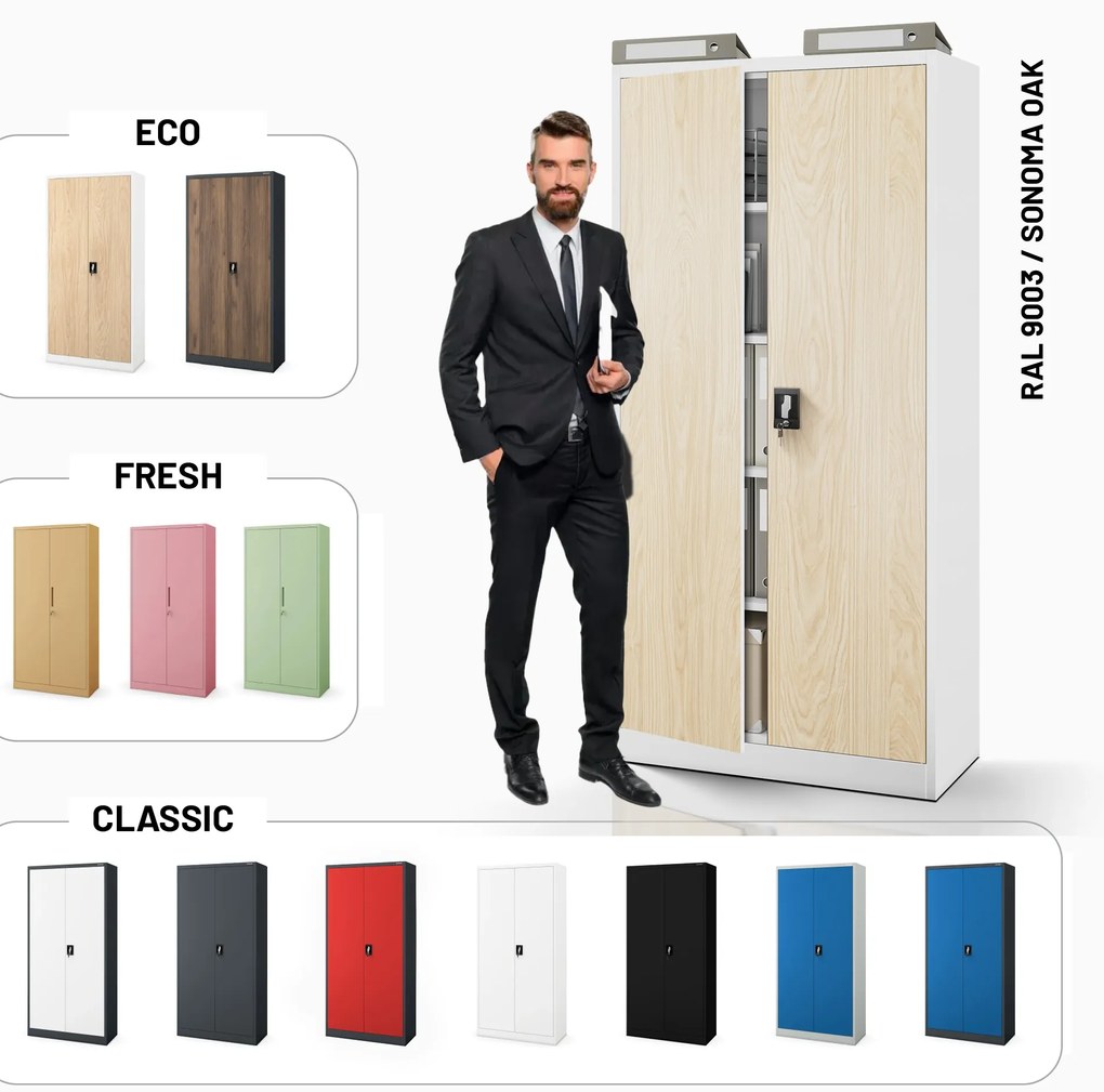 Biurowa szafa metalowa JAN, 900 x 1850 x 400 mm, Eco Design: biała/ dąb sonoma