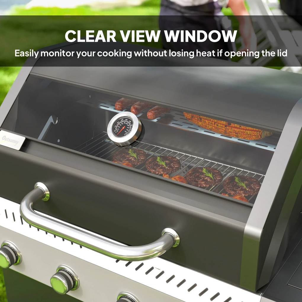 Outsunny grill gazowy na wózku z pięcioma palnikami bocznym palnikiem kółkami pokrywą termometrem i półkami do ogrodu | Aosom PL
