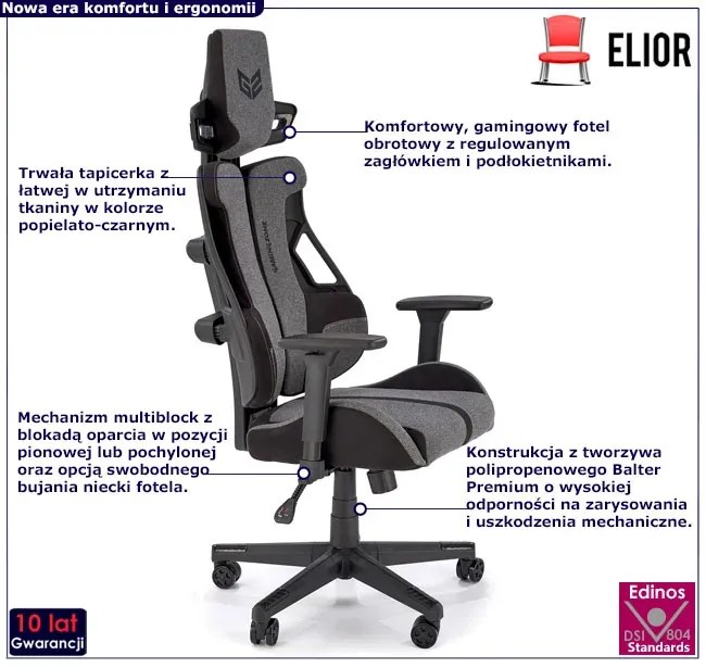 Popielato-czarny fotel gamingowy z regulacją siedziska - Nasturcix